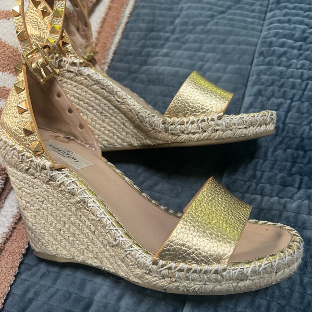 Valentino Gold Wedge Espadrilles with Metallic Strap